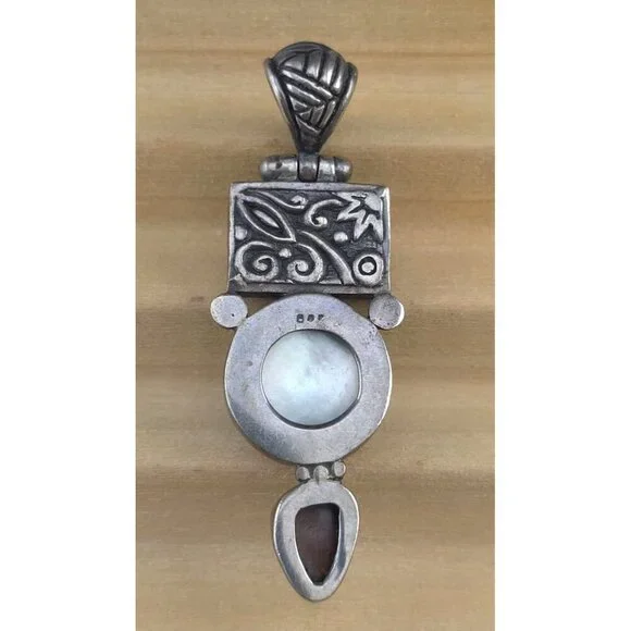 Vintage Sterling Silver Pendant Blue Pearl & Opal Artisan Intricate Engravings - Picture 2 of 8